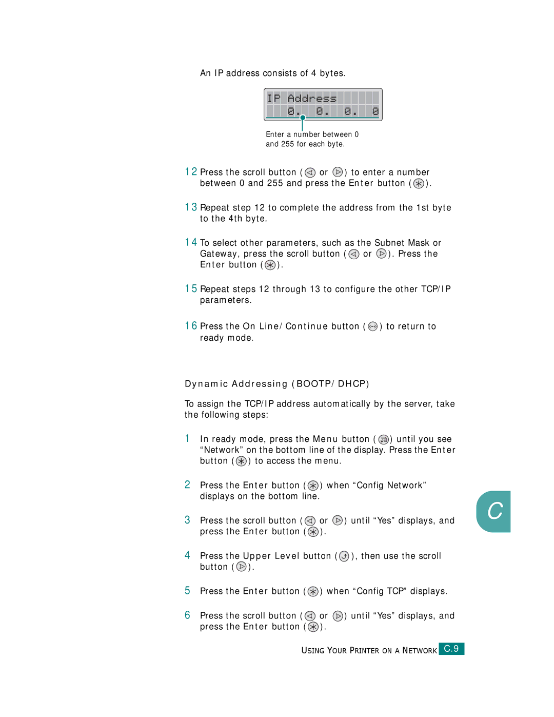 Samsung CLP-510 Series manual An IP address consists of 4 bytes, Dynamic Addressing BOOTP/DHCP 