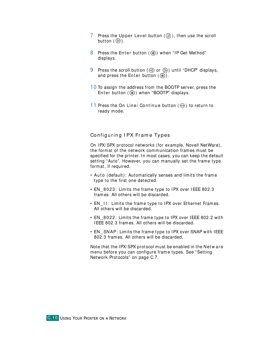 Samsung CLP-510 Series manual Configuring IPX Frame Types 