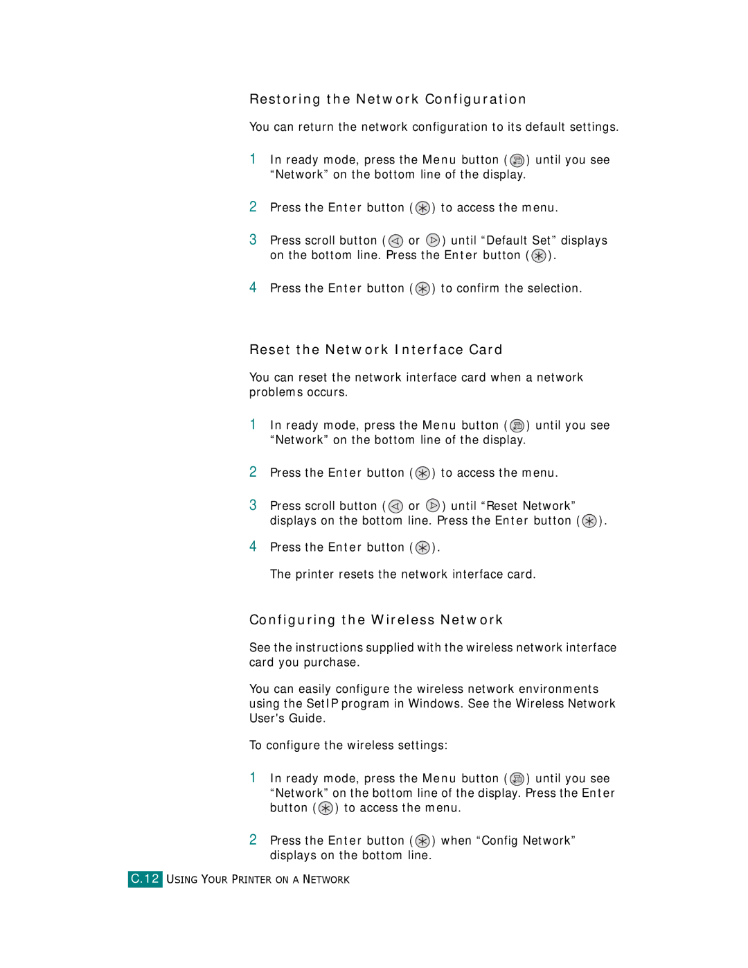 Samsung CLP-510 Series manual Restoring the Network Configuration, Reset the Network Interface Card 