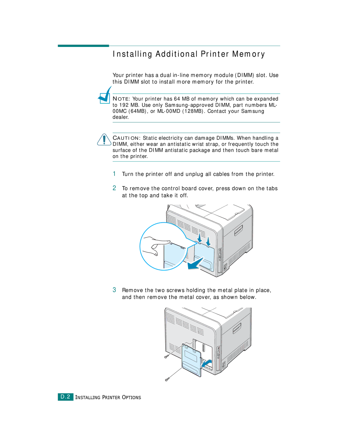 Samsung CLP-510 Series manual Installing Additional Printer Memory 