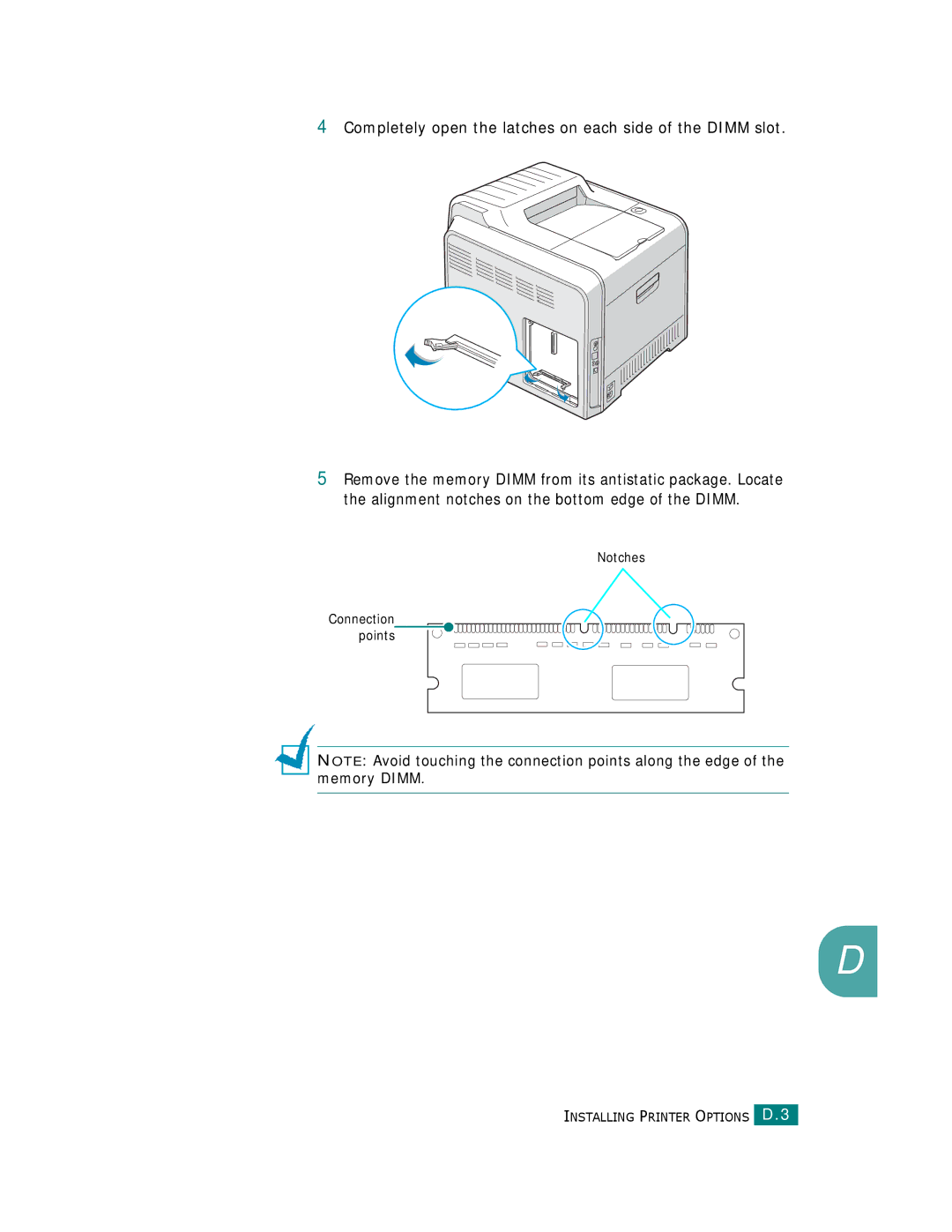 Samsung CLP-510 Series manual Completely open the latches on each side of the Dimm slot 