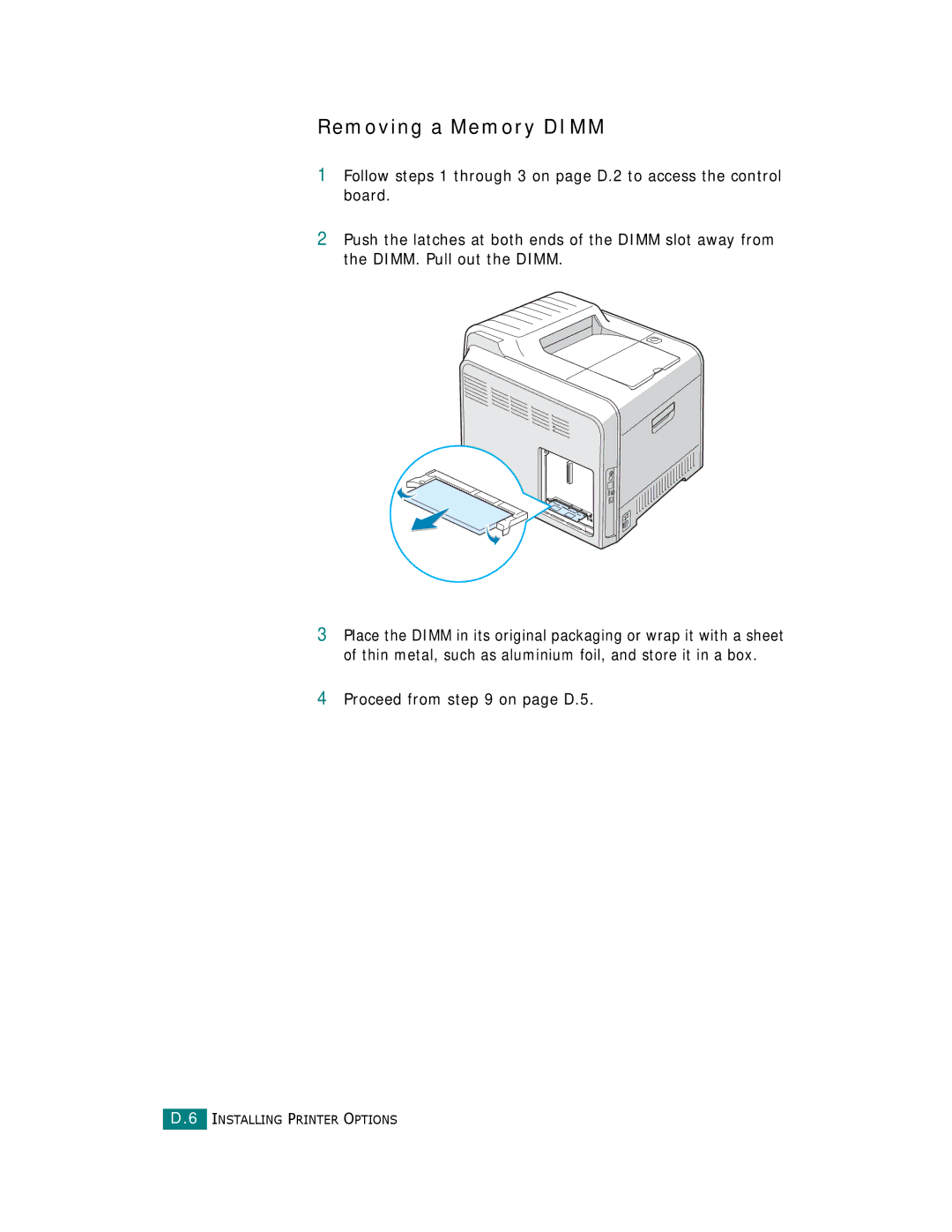 Samsung CLP-510 Series manual Removing a Memory Dimm, Proceed from on page D.5 