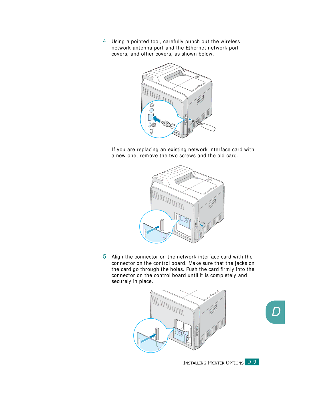 Samsung CLP-510 Series manual Installing Printer Options D.9 