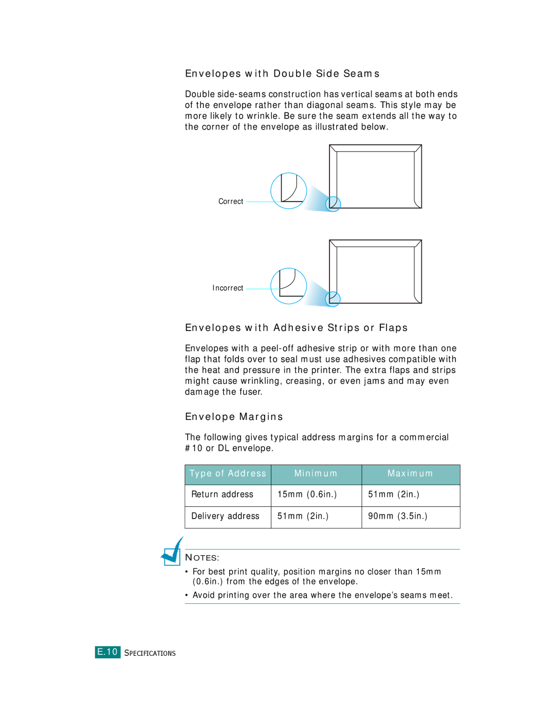 Samsung CLP-510 Series manual Envelopes with Double Side Seams, Envelopes with Adhesive Strips or Flaps, Envelope Margins 