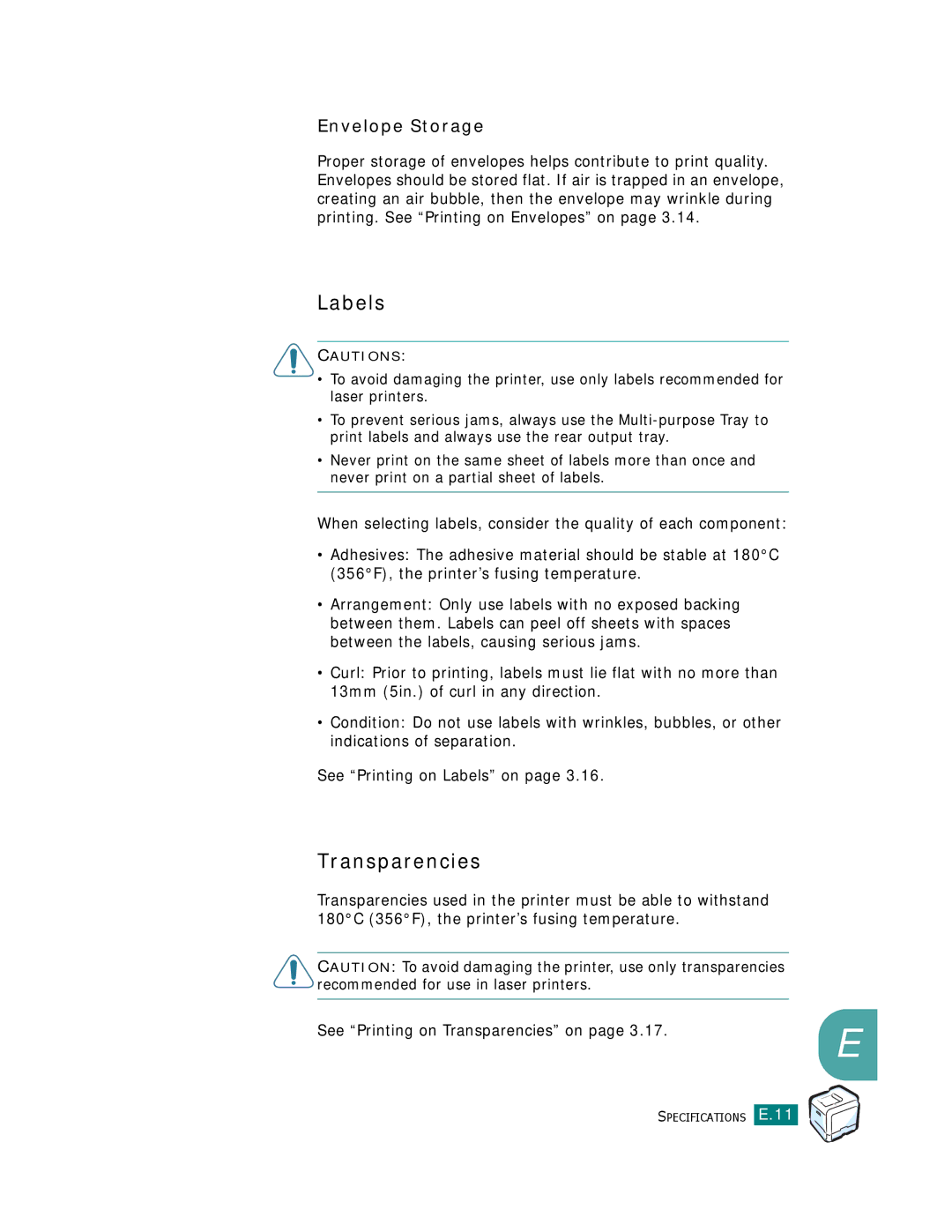 Samsung CLP-510 Series manual Labels, Transparencies, Envelope Storage 