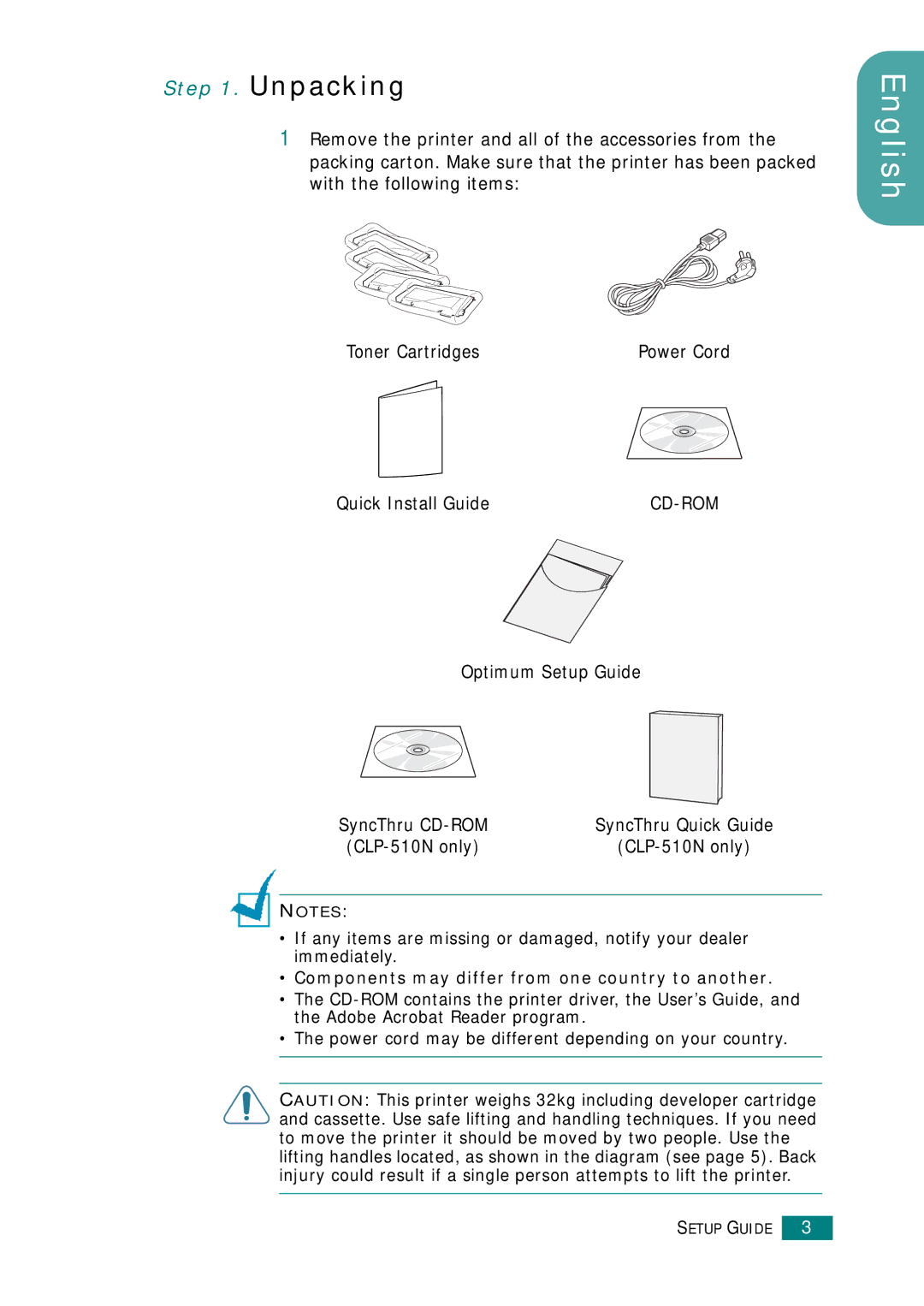 Samsung CLP-510 Series manual Unpacking, Toner Cartridges, Quick Install Guide, Optimum Setup Guide 