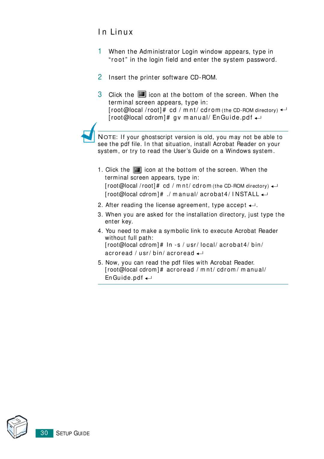 Samsung CLP-510 Series Linux, Root@local cdrom# ./manual/acrobat4/INSTALL 