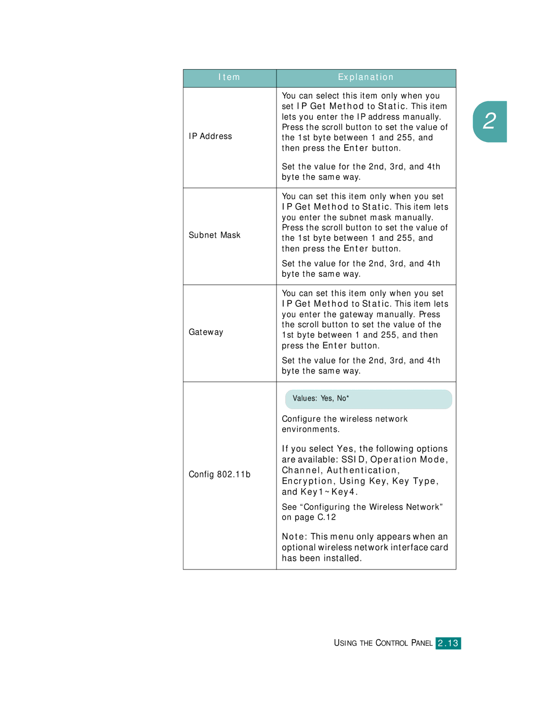 Samsung CLP-510 Series 1st byte between 1 and 255, Then press the Enter button, Byte the same way, Gateway, On page C.12 