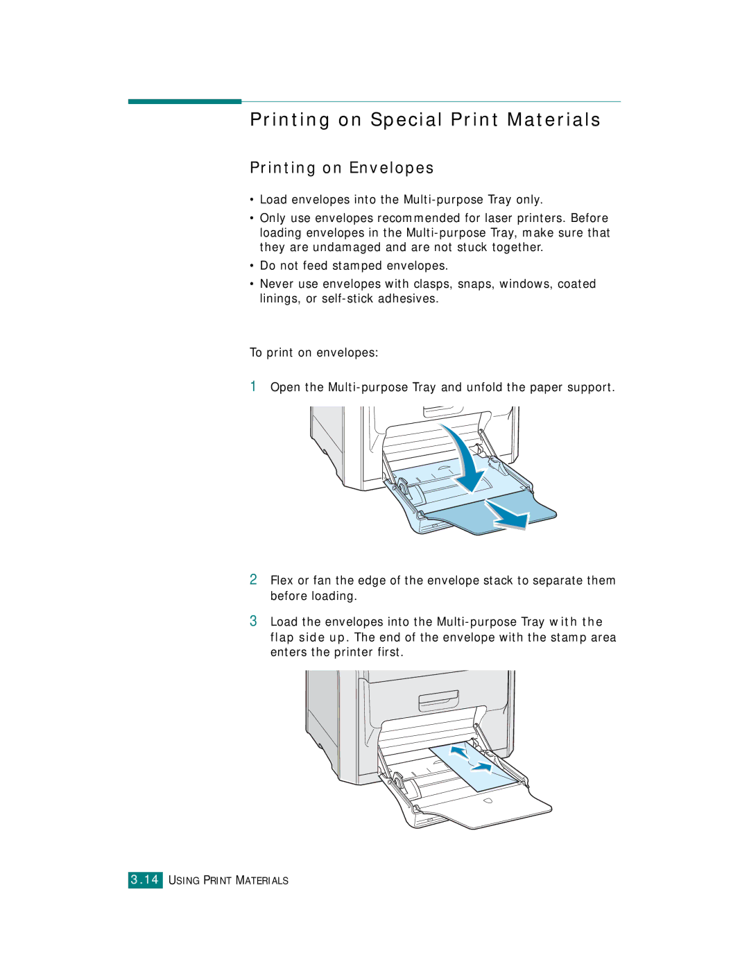 Samsung CLP-510 Series manual Printing on Special Print Materials, Printing on Envelopes 