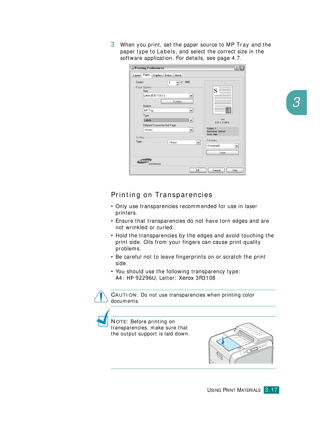 Samsung CLP-510 Series manual Printing on Transparencies 