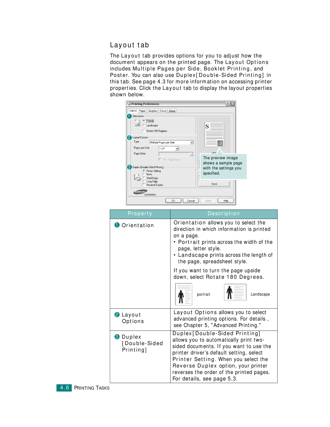 Samsung CLP-510 Series manual Layout tab, Property Description 