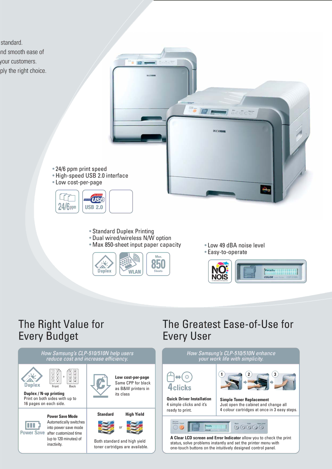 Samsung CLP-510N specifications Right Value for Every Budget, Greatest Ease-of-Use for Every User 