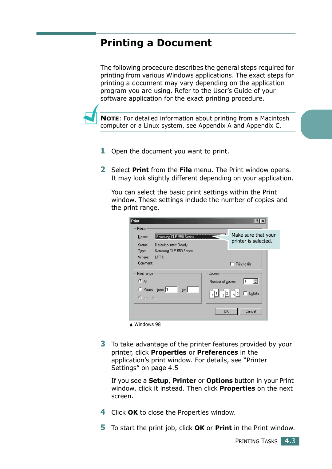 Samsung CLP-550N setup guide Printing a Document, Open the document you want to print 