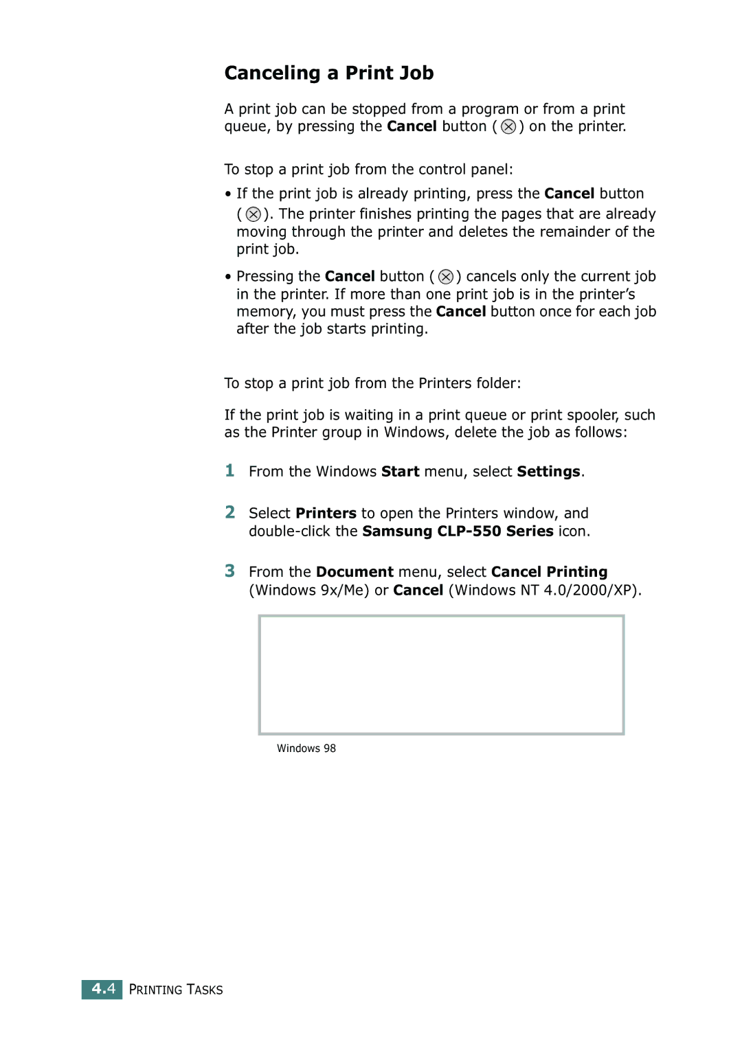 Samsung CLP-550N setup guide Canceling a Print Job, From the Windows Start menu, select Settings 