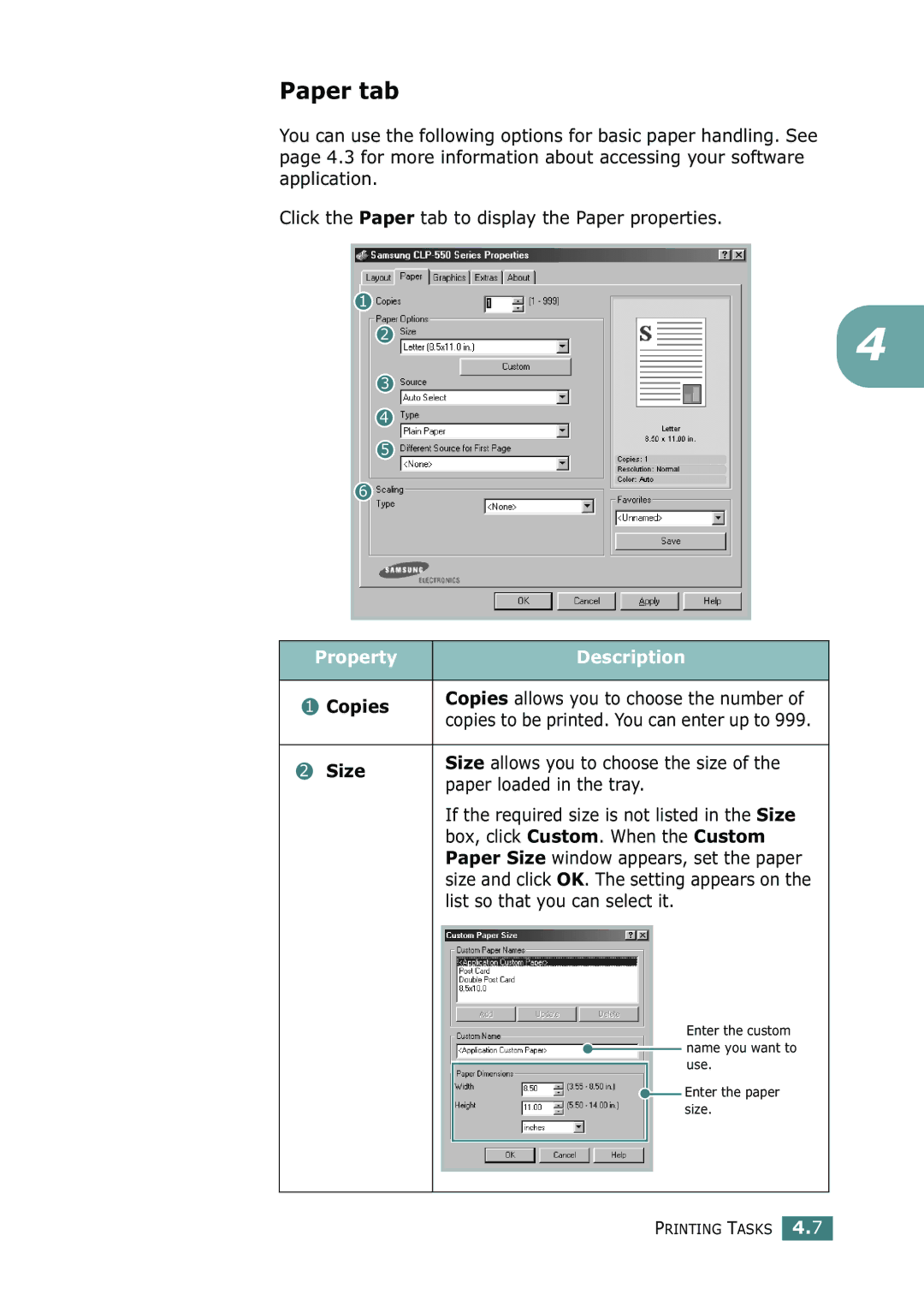 Samsung CLP-550N setup guide Paper tab, Copies 