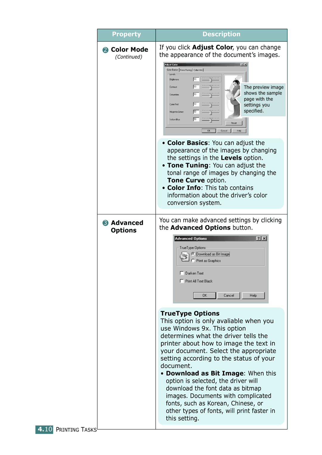 Samsung CLP-550N setup guide Advanced Options button, TrueType Options 