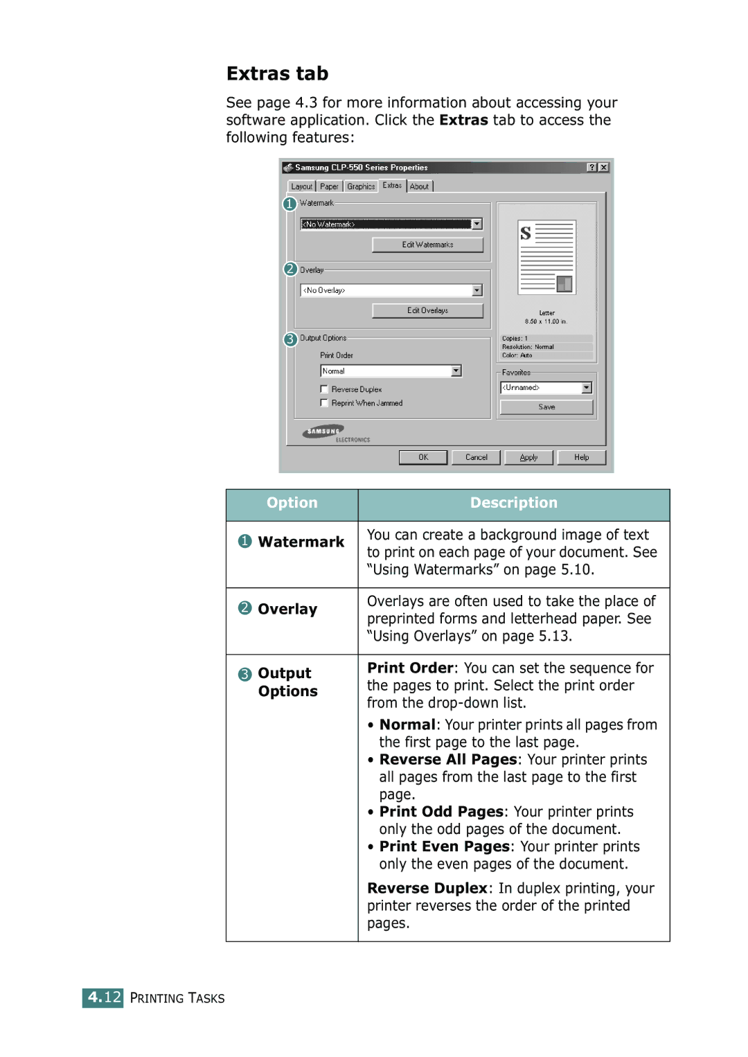 Samsung CLP-550N setup guide Extras tab, Option Description, Watermark, Overlay, Output 