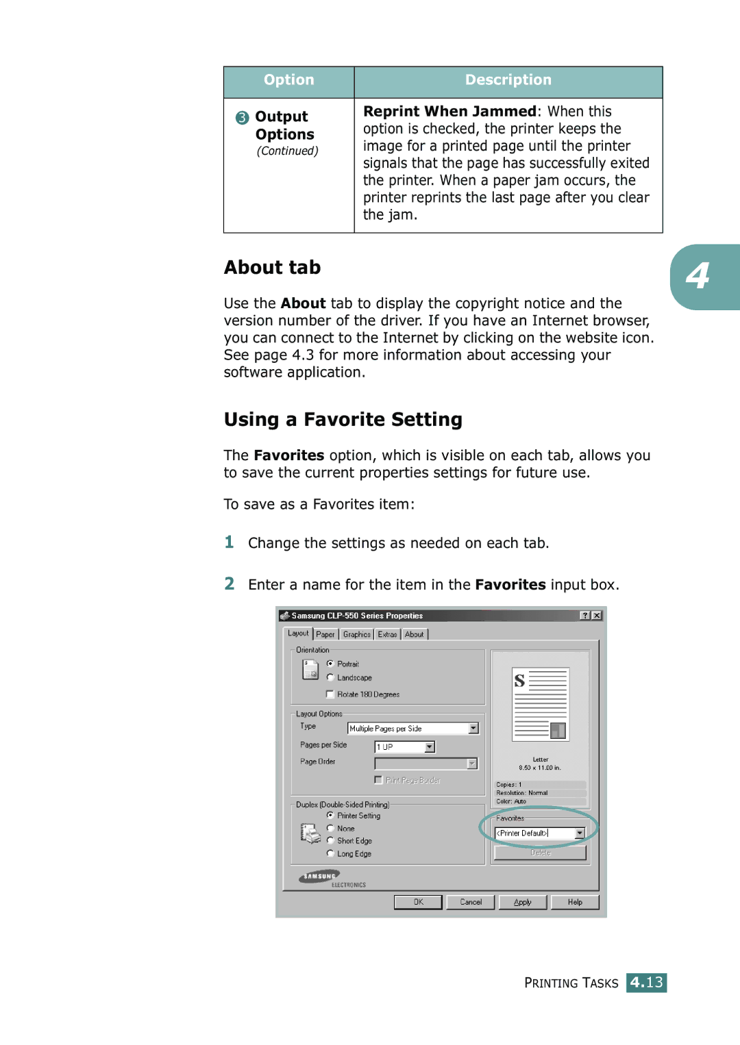 Samsung CLP-550N setup guide About tab, Using a Favorite Setting, Output Reprint When Jammed When this 