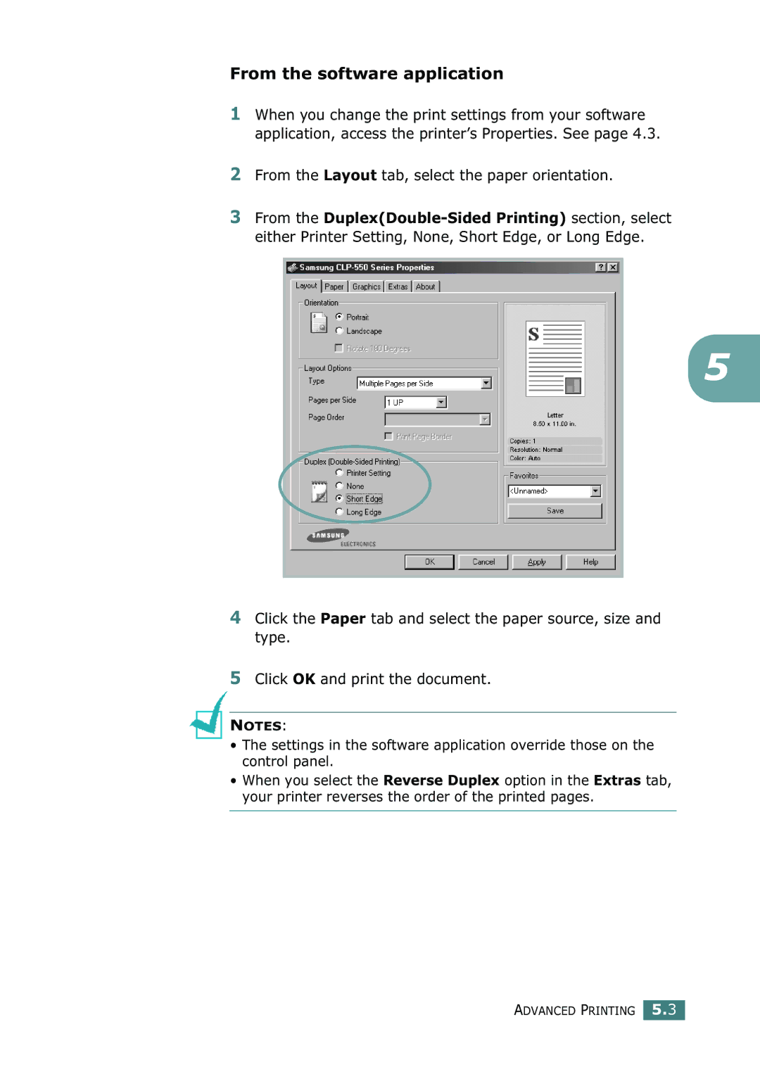 Samsung CLP-550N setup guide From the software application, From the Layout tab, select the paper orientation 