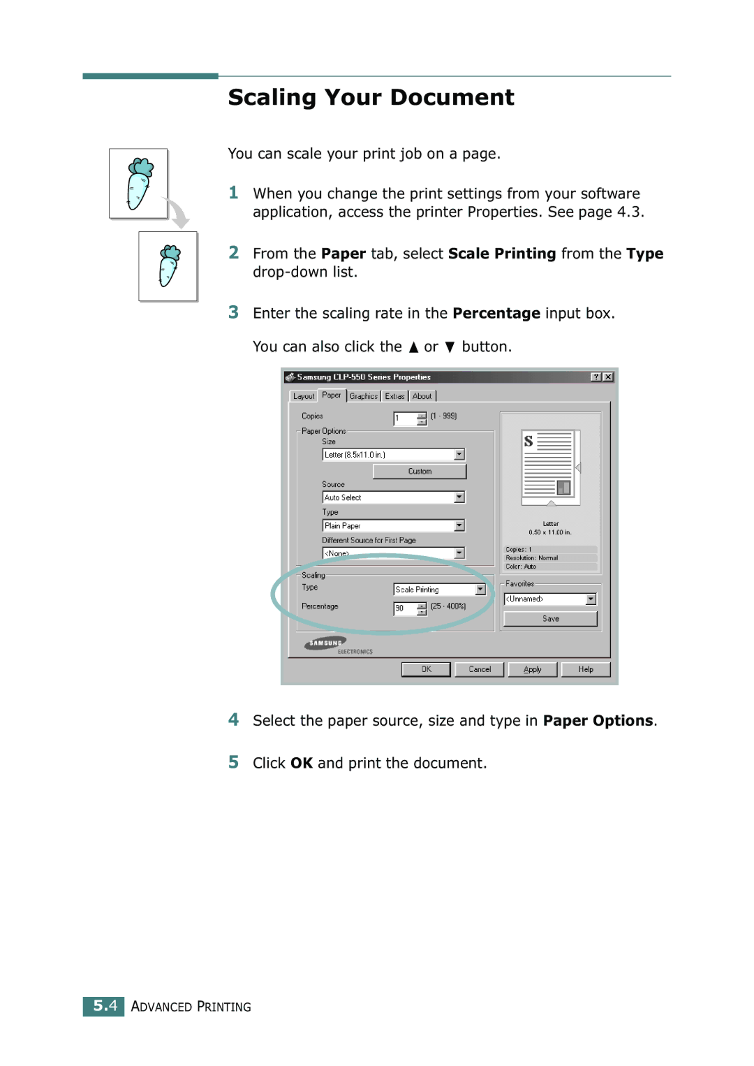 Samsung CLP-550N setup guide Scaling Your Document, You can scale your print job on a 