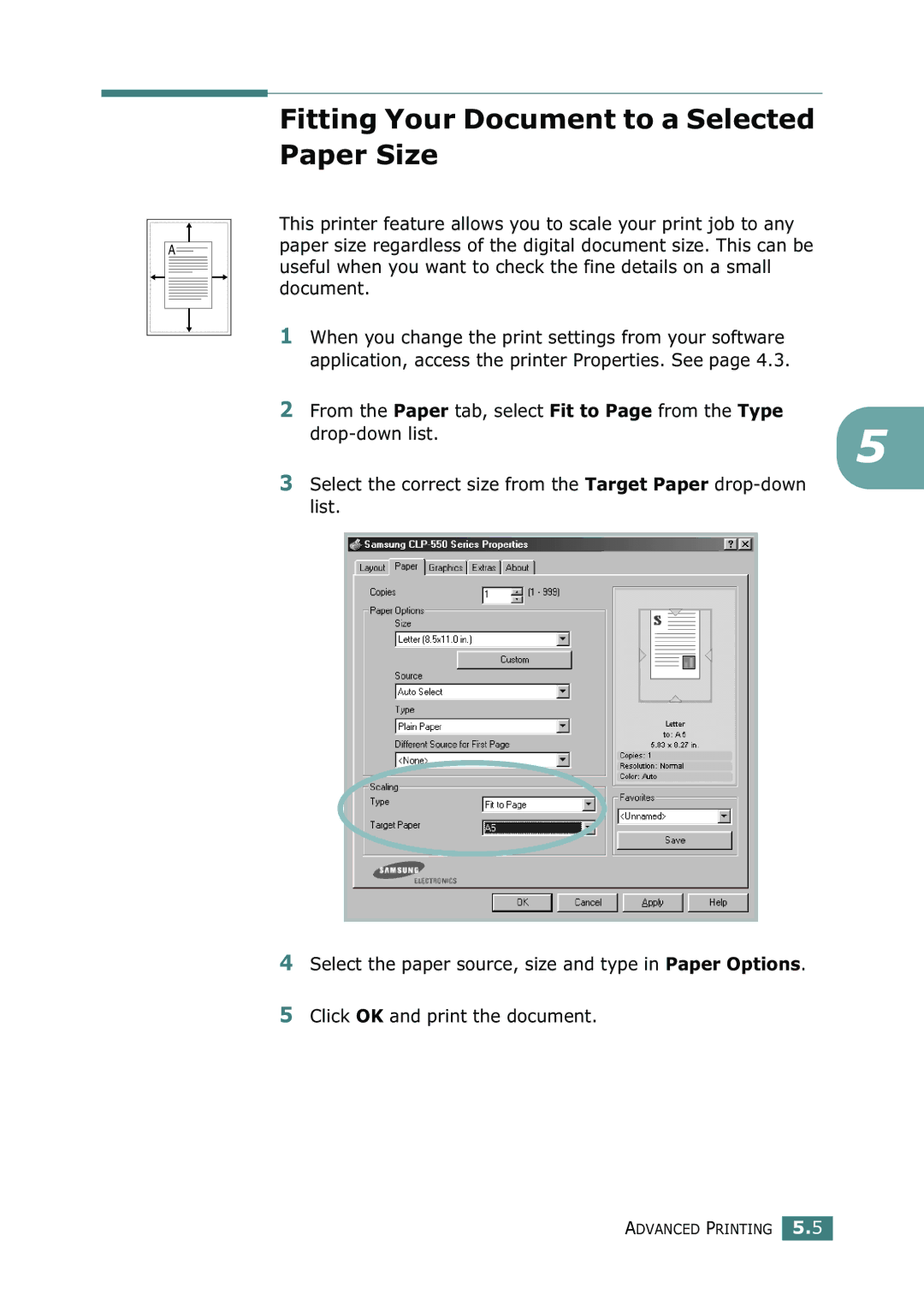 Samsung CLP-550N setup guide Fitting Your Document to a Selected Paper Size 