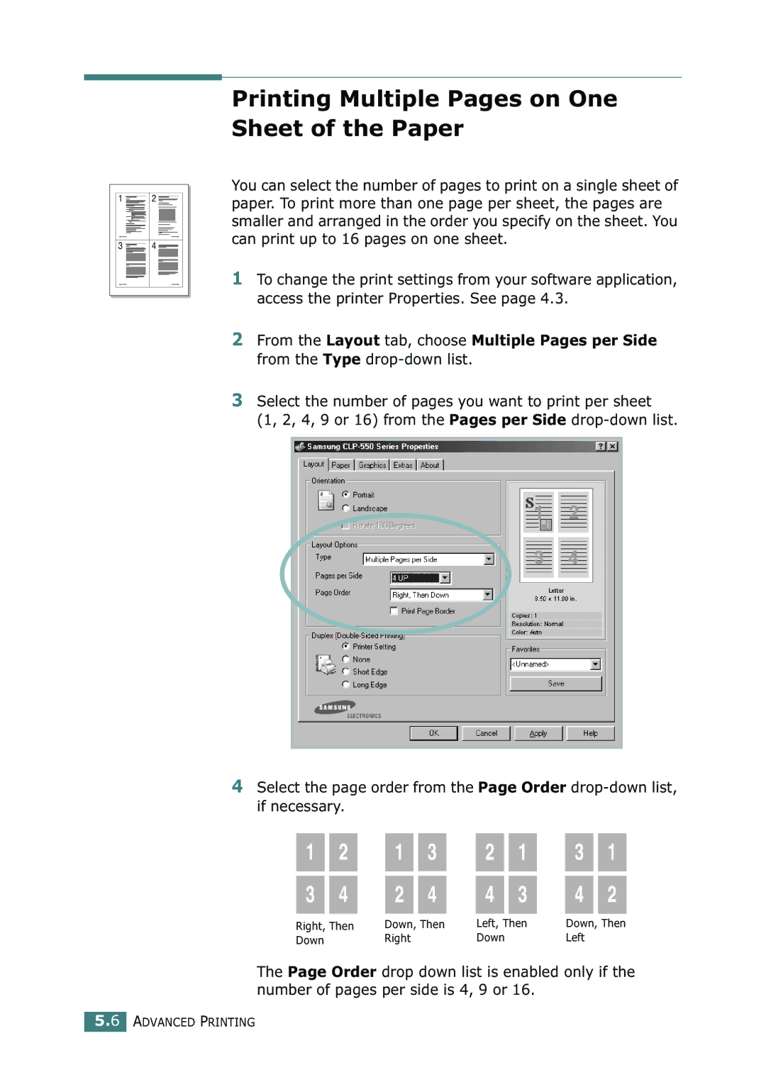 Samsung CLP-550N setup guide Printing Multiple Pages on One Sheet of the Paper 