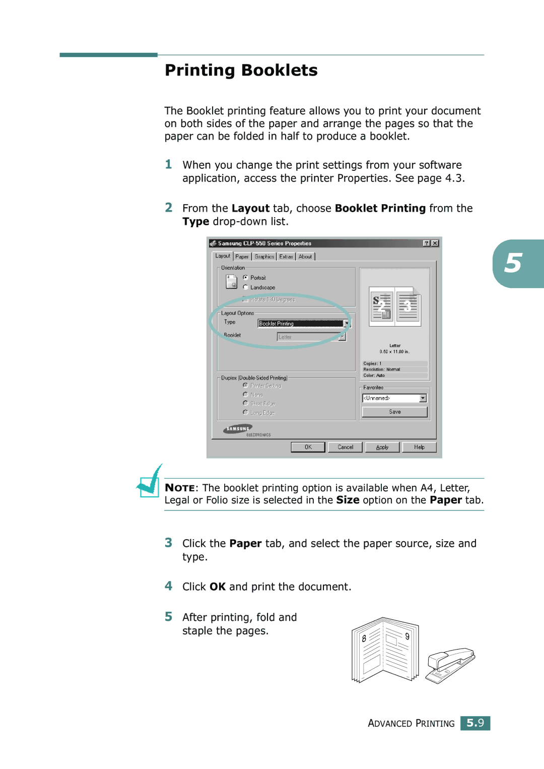 Samsung CLP-550N setup guide Printing Booklets 