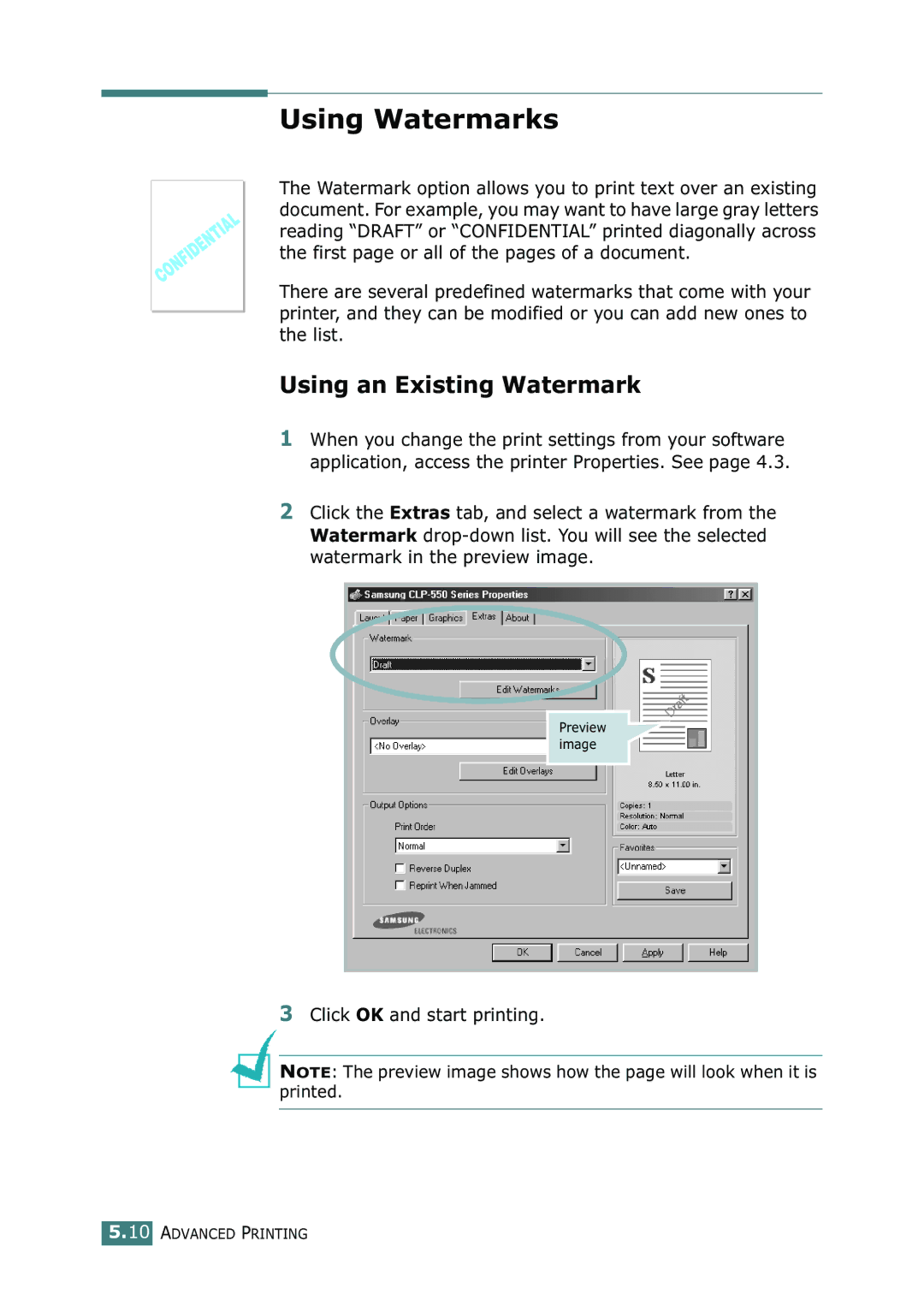 Samsung CLP-550N setup guide Using Watermarks, Using an Existing Watermark, Click OK and start printing 