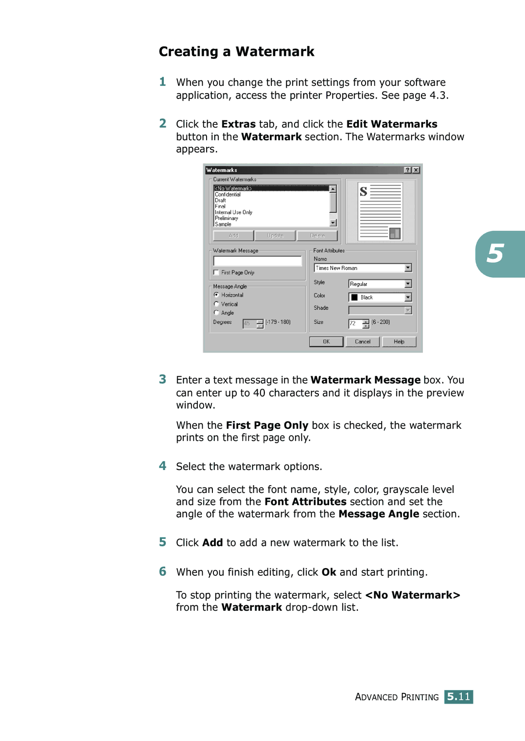 Samsung CLP-550N setup guide Creating a Watermark 