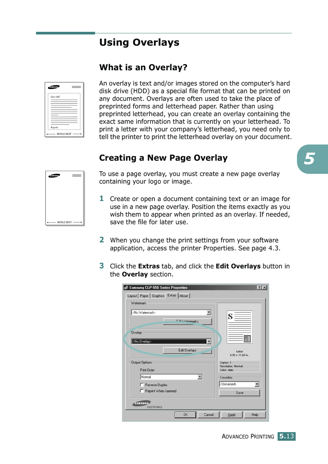 Samsung CLP-550N setup guide Using Overlays, What is an Overlay?, Creating a New Page Overlay 