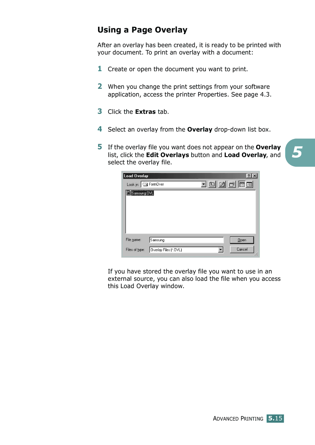 Samsung CLP-550N setup guide Using a Page Overlay, List, click the Edit Overlays button and Load Overlay 