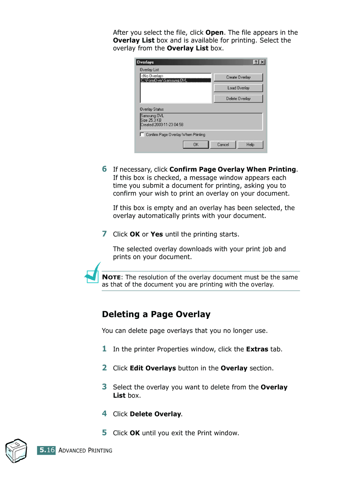 Samsung CLP-550N setup guide Deleting a Page Overlay, Click Delete Overlay, Click OK until you exit the Print window 