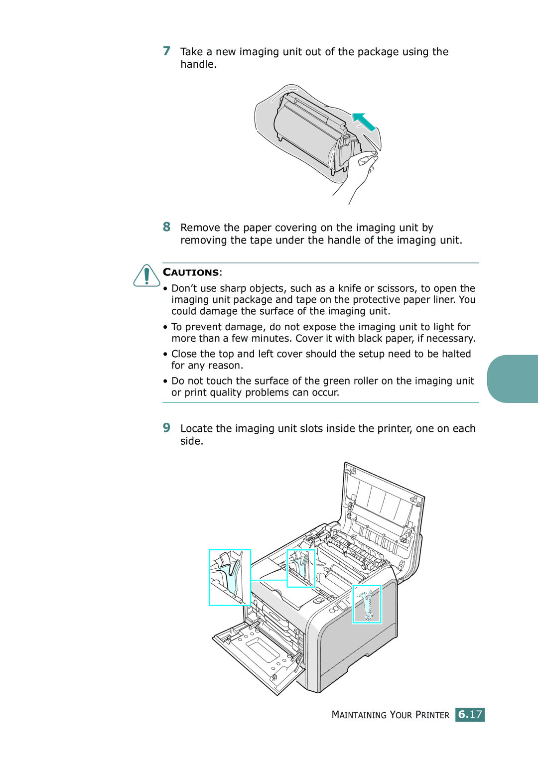 Samsung CLP-550N Take a new imaging unit out of the package using the handle, Could damage the surface of the imaging unit 