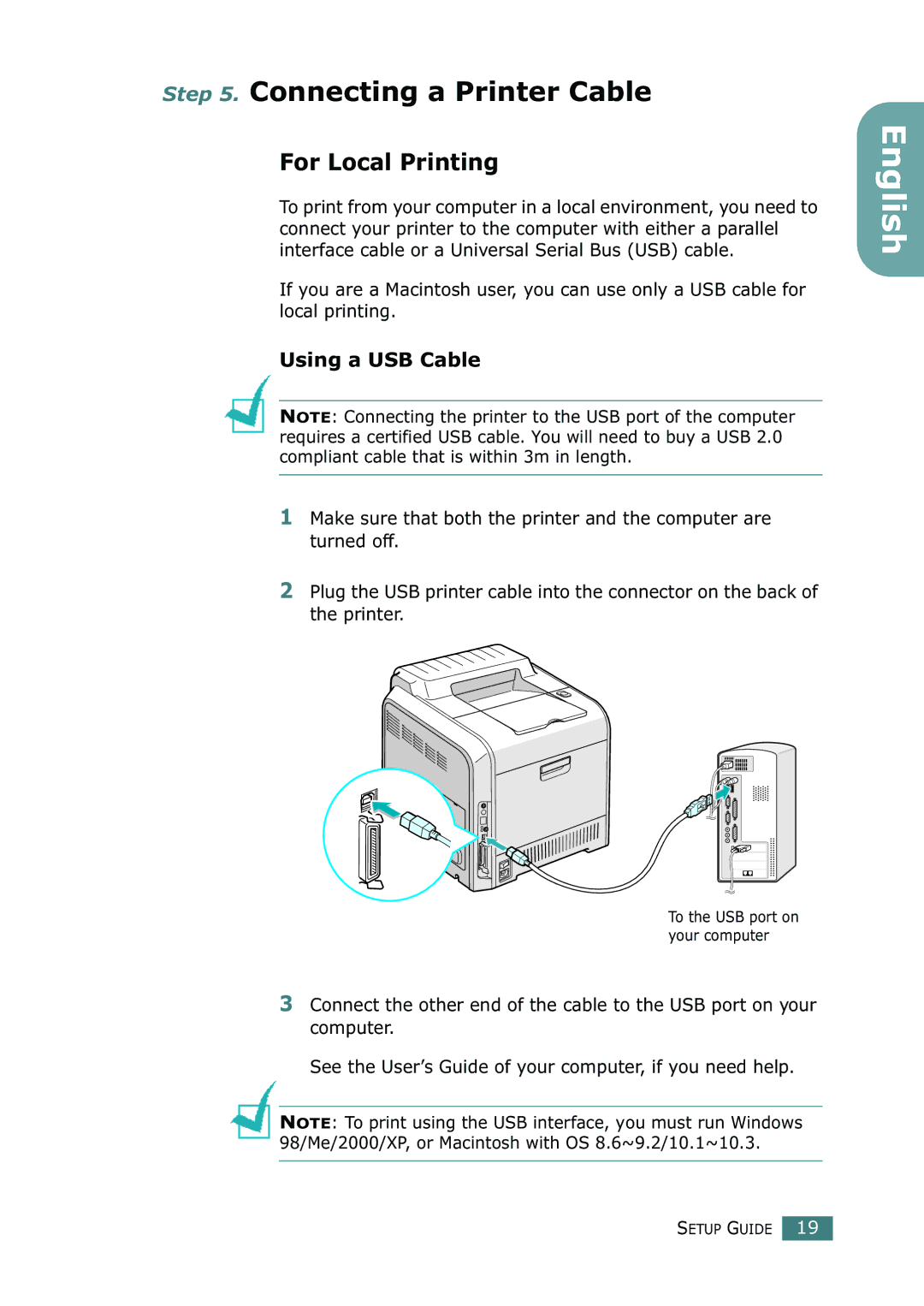 Samsung CLP-550N setup guide Connecting a Printer Cable, For Local Printing, Using a USB Cable 