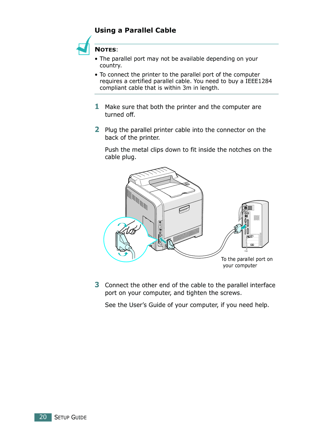 Samsung CLP-550N setup guide Using a Parallel Cable, Parallel port may not be available depending on your country 