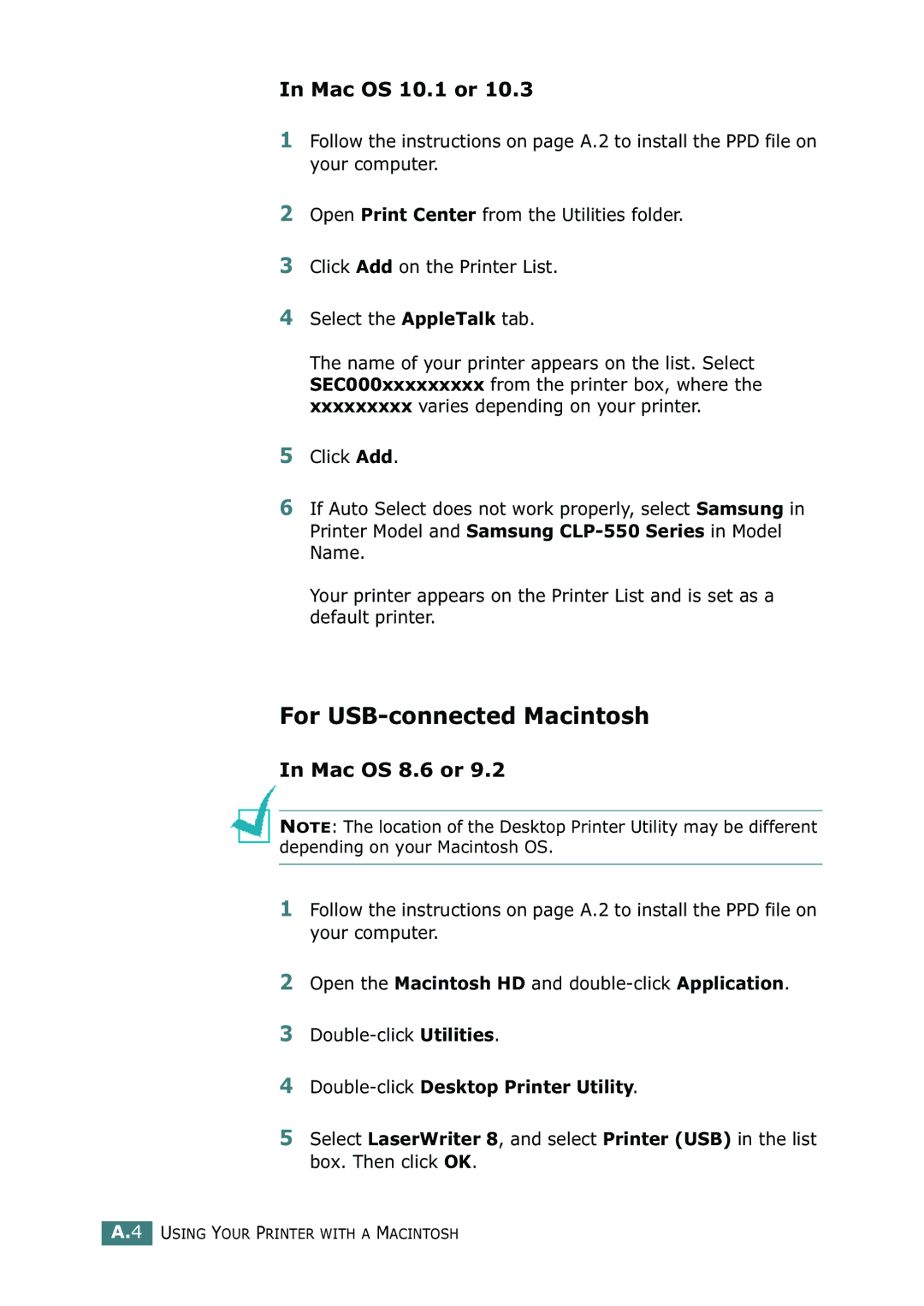 Samsung CLP-550N setup guide For USB-connected Macintosh, Mac OS 10.1 or, Double-clickDesktop Printer Utility 