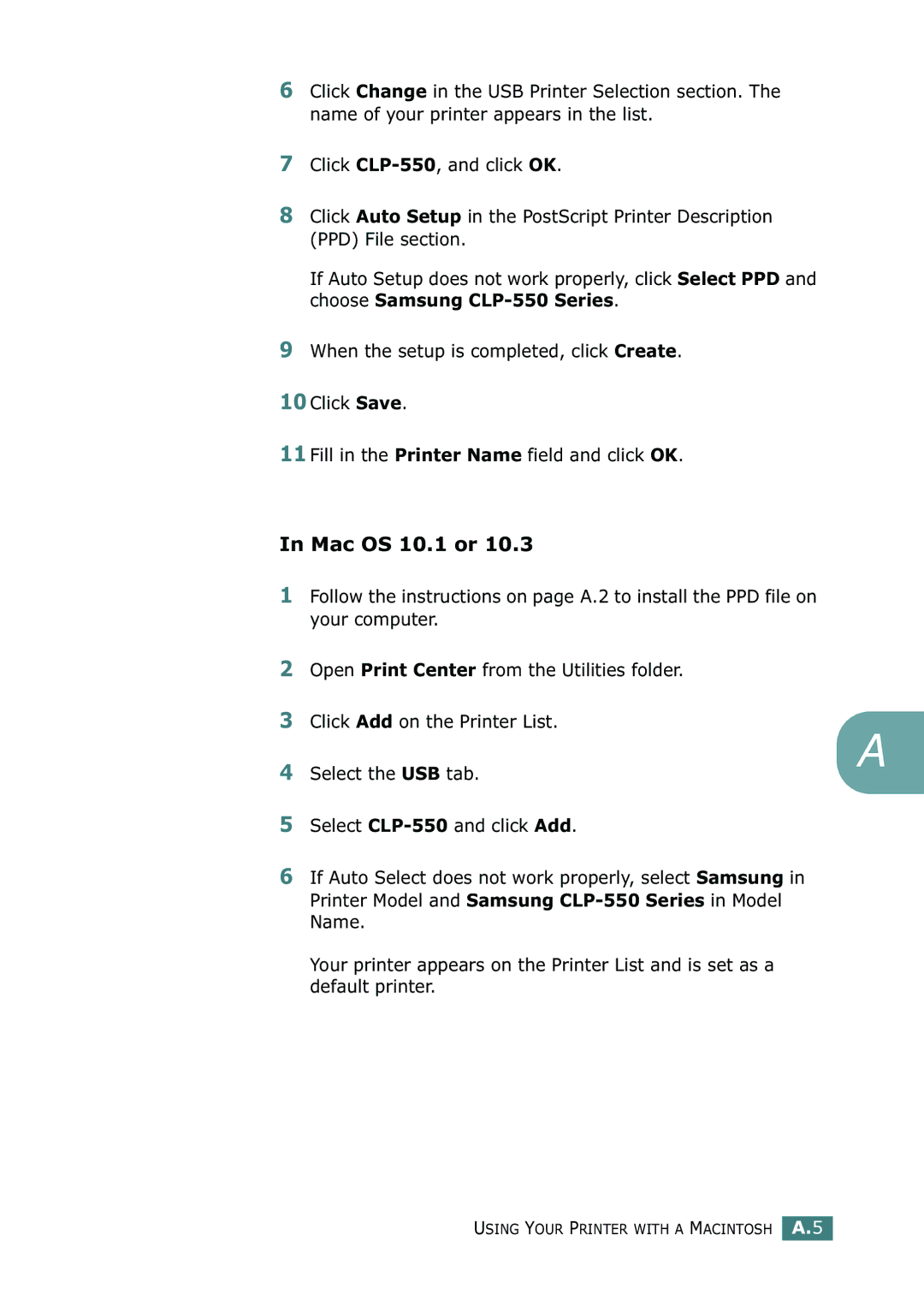 Samsung CLP-550N setup guide Using Your Printer with a Macintosh A.5 