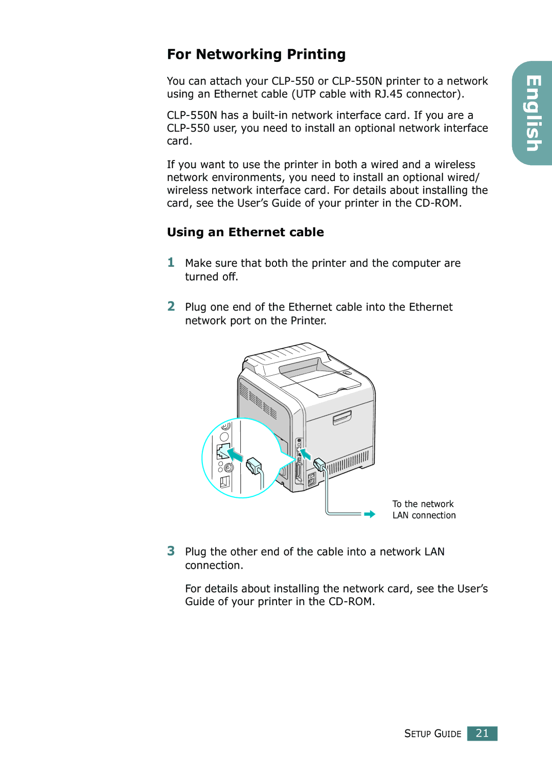 Samsung CLP-550N setup guide For Networking Printing, Using an Ethernet cable 