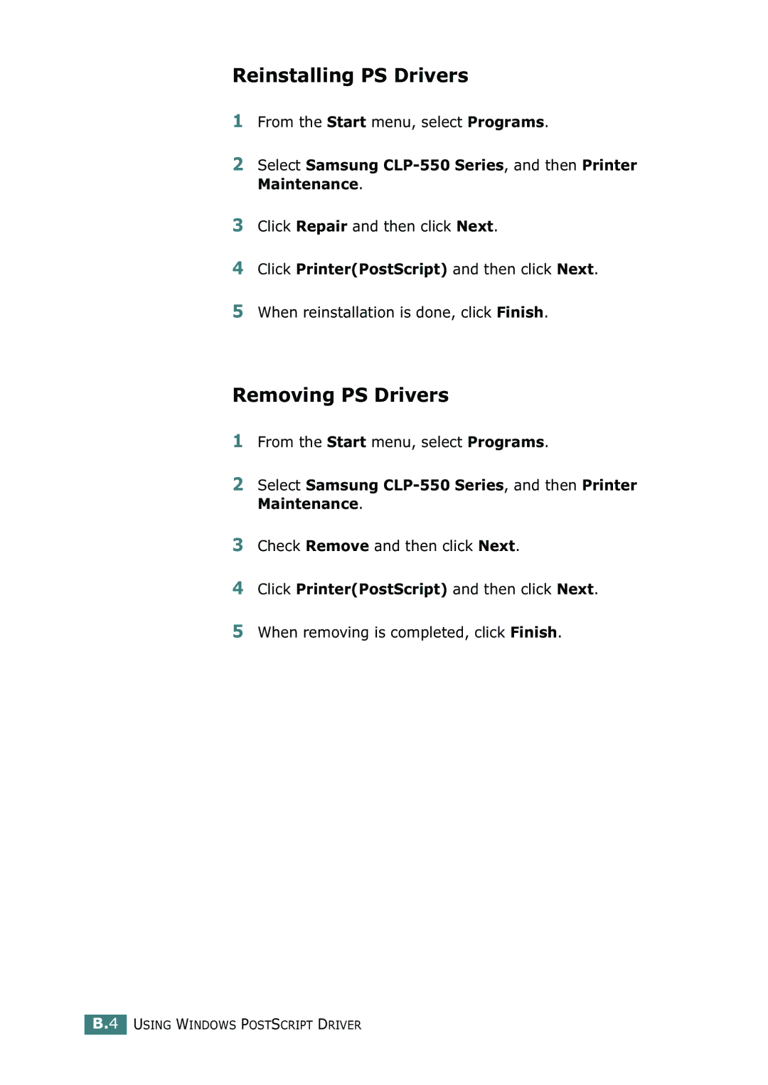 Samsung CLP-550N setup guide Reinstalling PS Drivers, Removing PS Drivers 