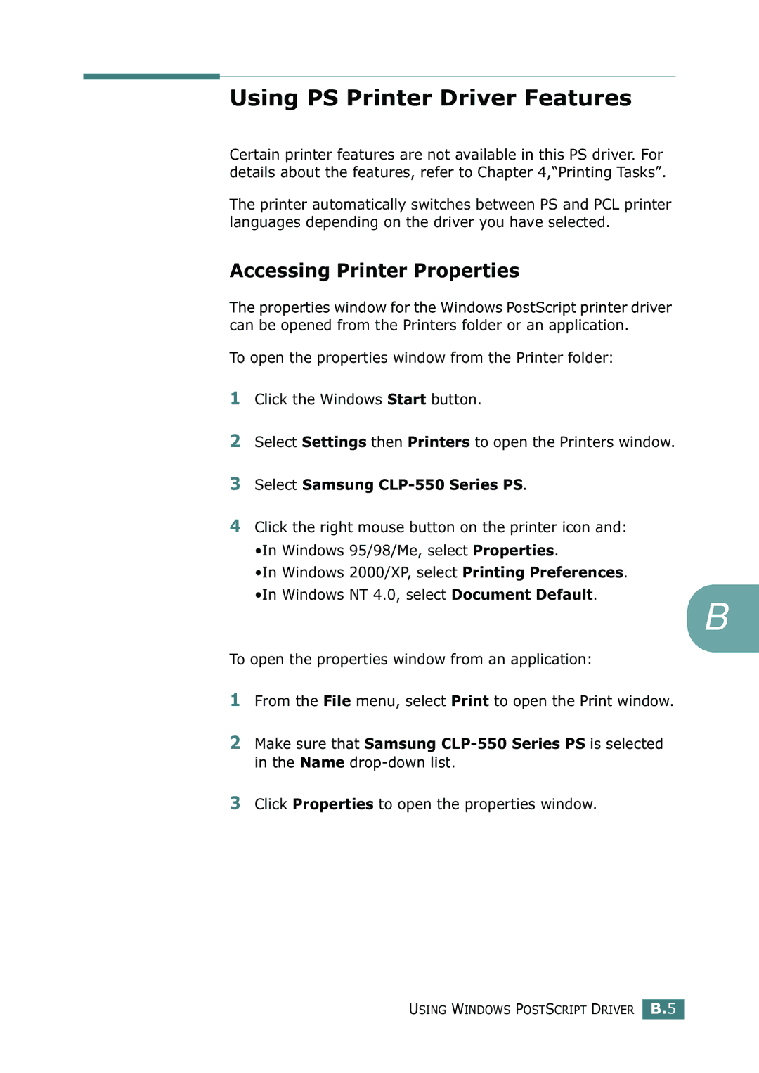 Samsung CLP-550N Using PS Printer Driver Features, Accessing Printer Properties, Select Samsung CLP-550 Series PS 