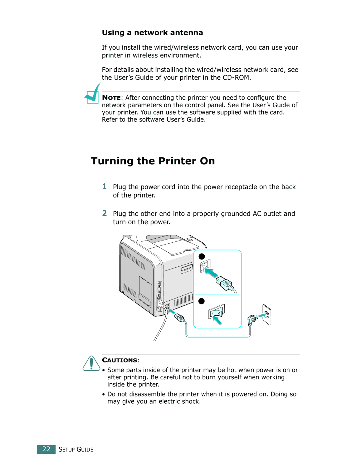 Samsung CLP-550N setup guide Turning the Printer On, Using a network antenna 