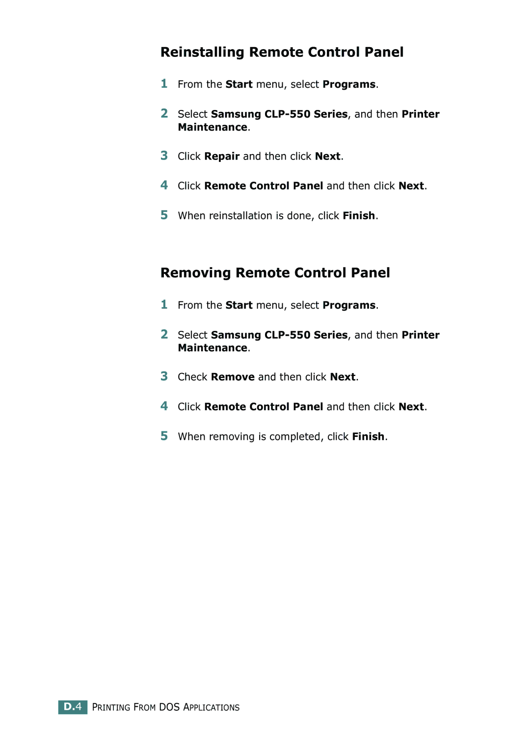 Samsung CLP-550N setup guide Reinstalling Remote Control Panel, Removing Remote Control Panel 