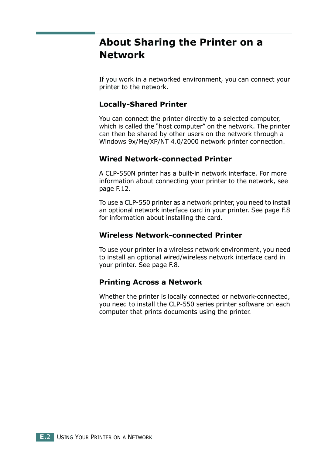 Samsung CLP-550N About Sharing the Printer on a Network, Locally-Shared Printer, Wired Network-connected Printer 