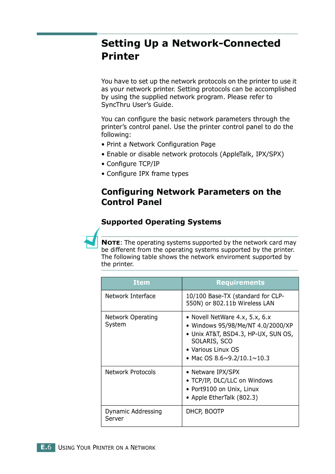 Samsung CLP-550N Setting Up a Network-Connected Printer, Configuring Network Parameters on the Control Panel, Requirements 