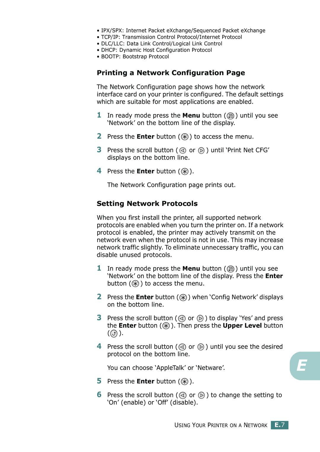 Samsung CLP-550N setup guide Printing a Network Configuration, Setting Network Protocols 