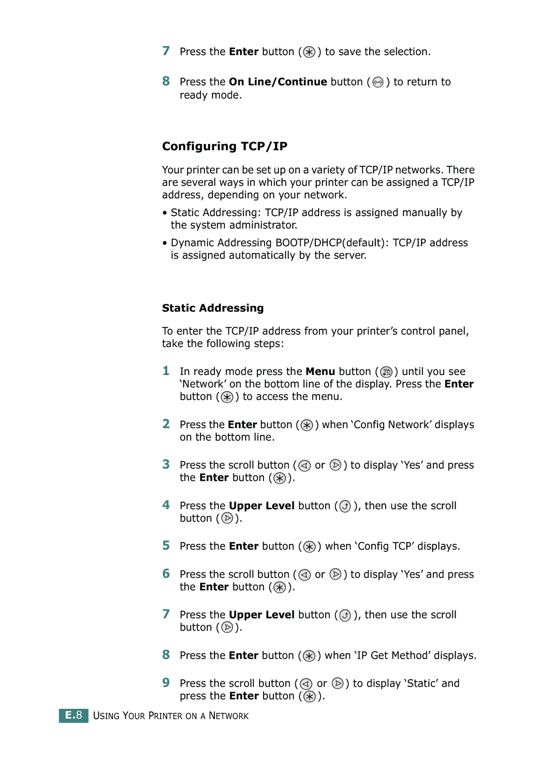 Samsung CLP-550N setup guide Configuring TCP/IP, Static Addressing 