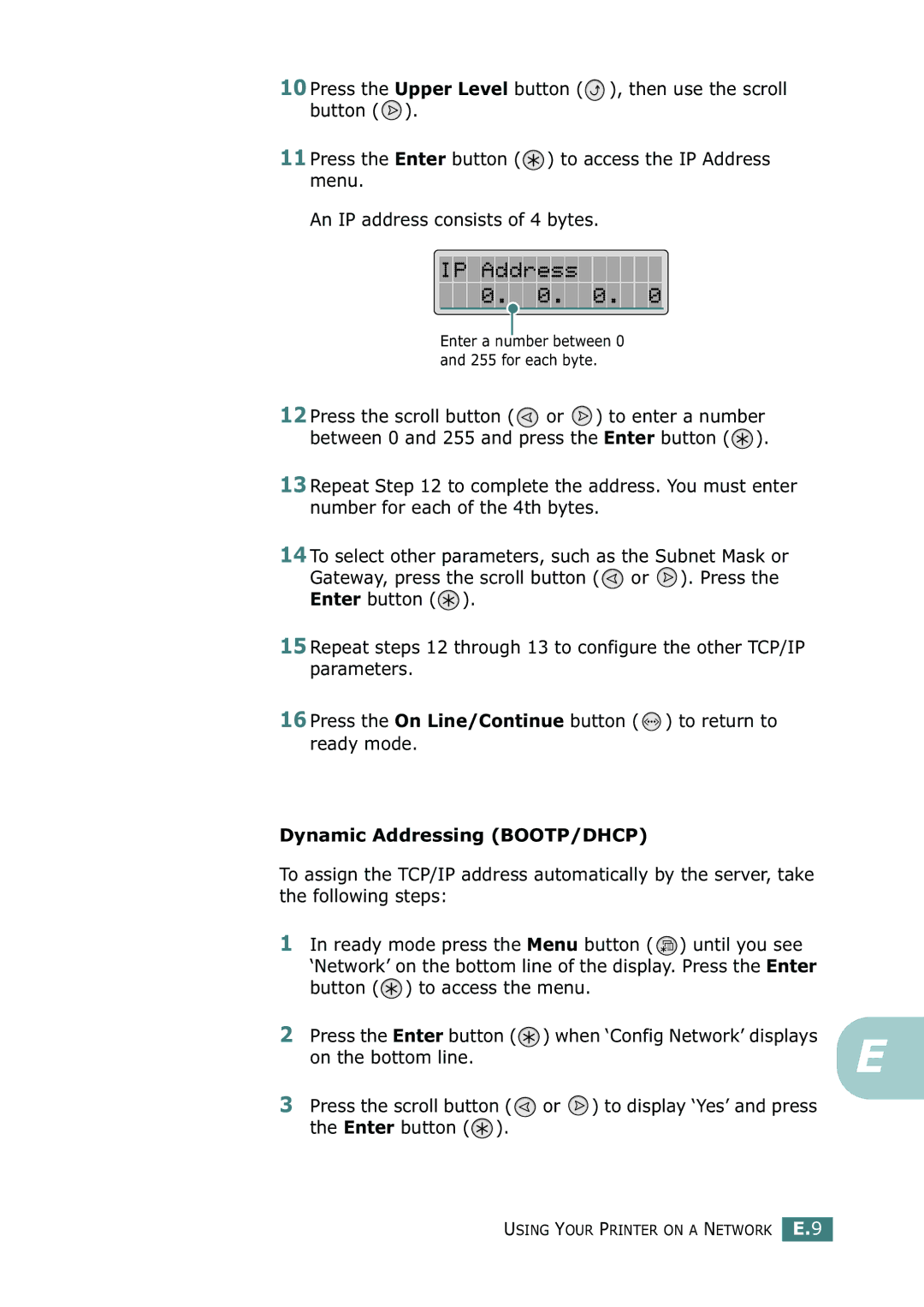 Samsung CLP-550N setup guide Dynamic Addressing BOOTP/DHCP 