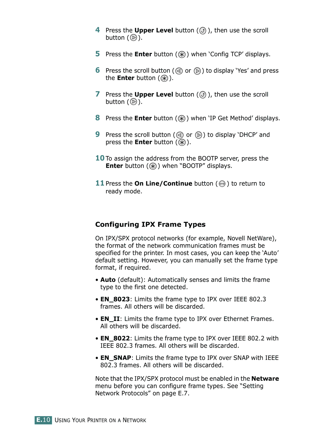 Samsung CLP-550N setup guide Configuring IPX Frame Types 