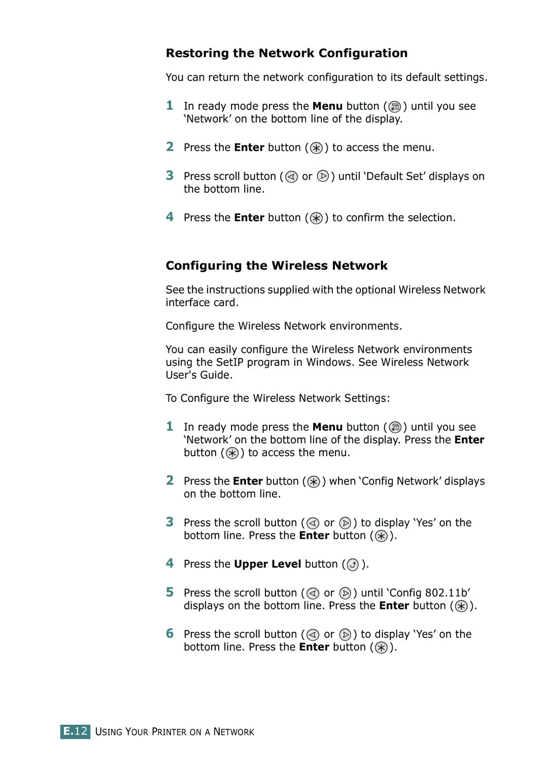 Samsung CLP-550N setup guide Restoring the Network Configuration, Configuring the Wireless Network 