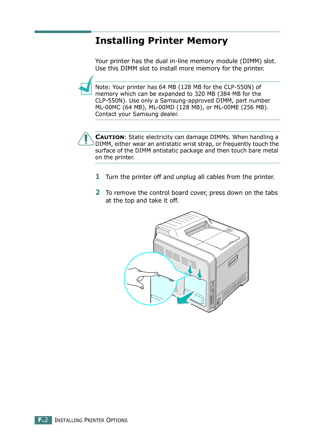 Samsung CLP-550N setup guide Installing Printer Memory 